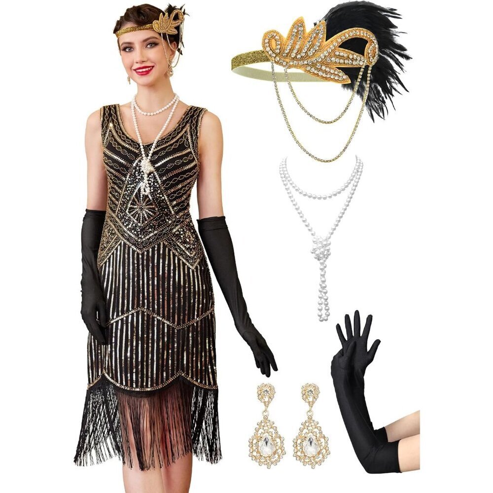 1920s Flapper Dress Sheer Beaded Sleeves Beaded Fringe for Roaring 20s Events